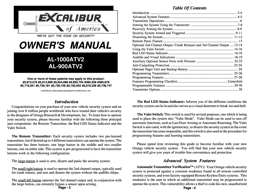Excalibur electronic AL-1000ATV2, AL-900ATV2 owner manual Table Of Contents, Introduction, Advanced System Features 