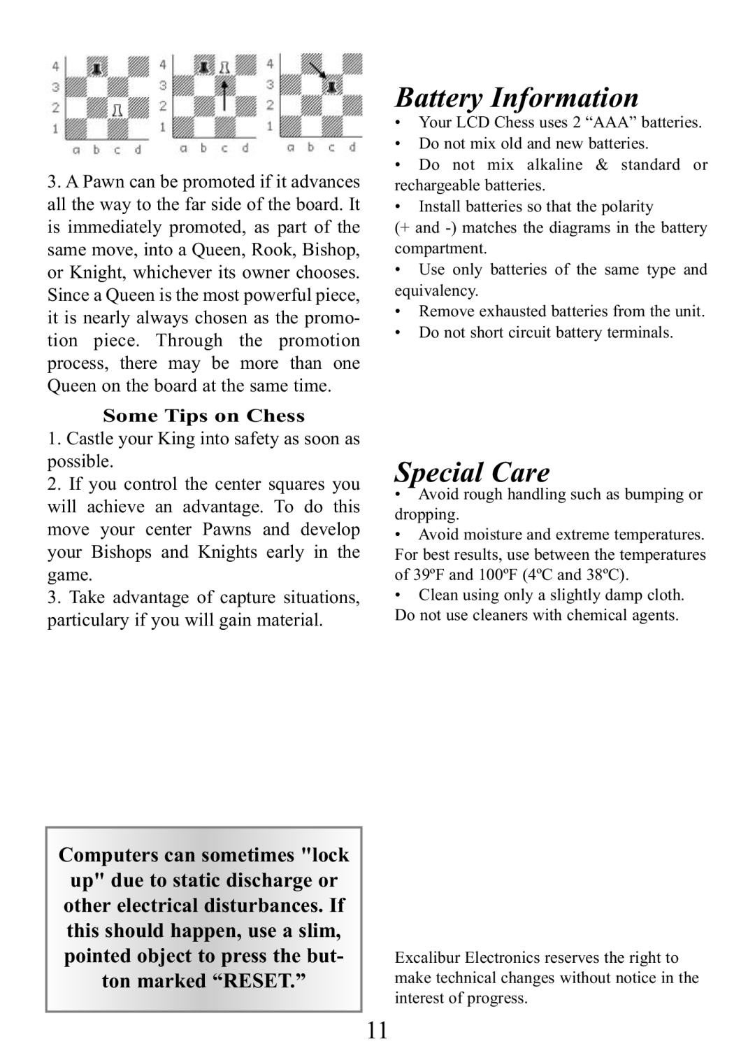 Excalibur electronic E123 manual Battery Information, Some Tips on Chess 