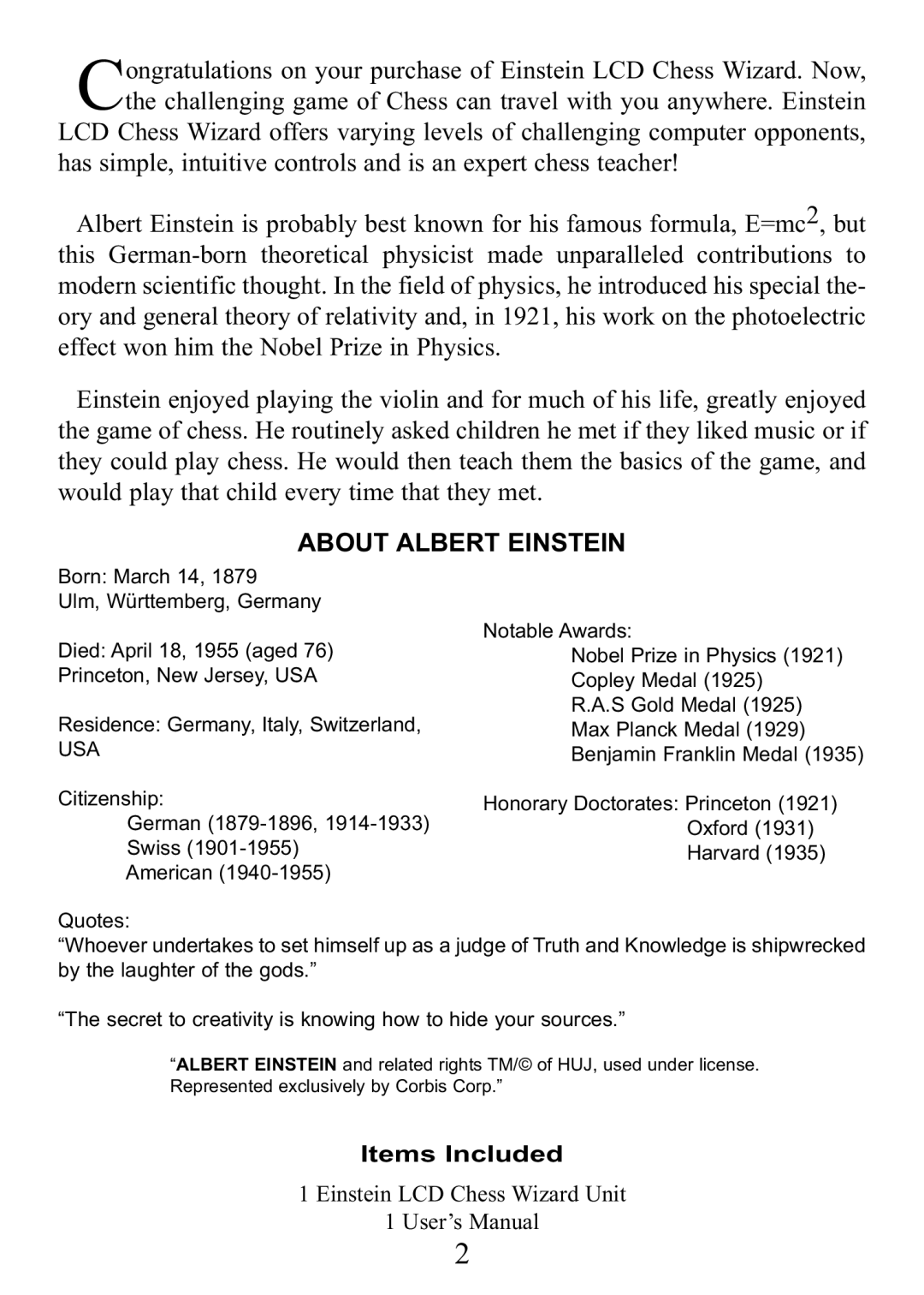 Excalibur electronic E123 manual About Albert Einstein, Items Included 