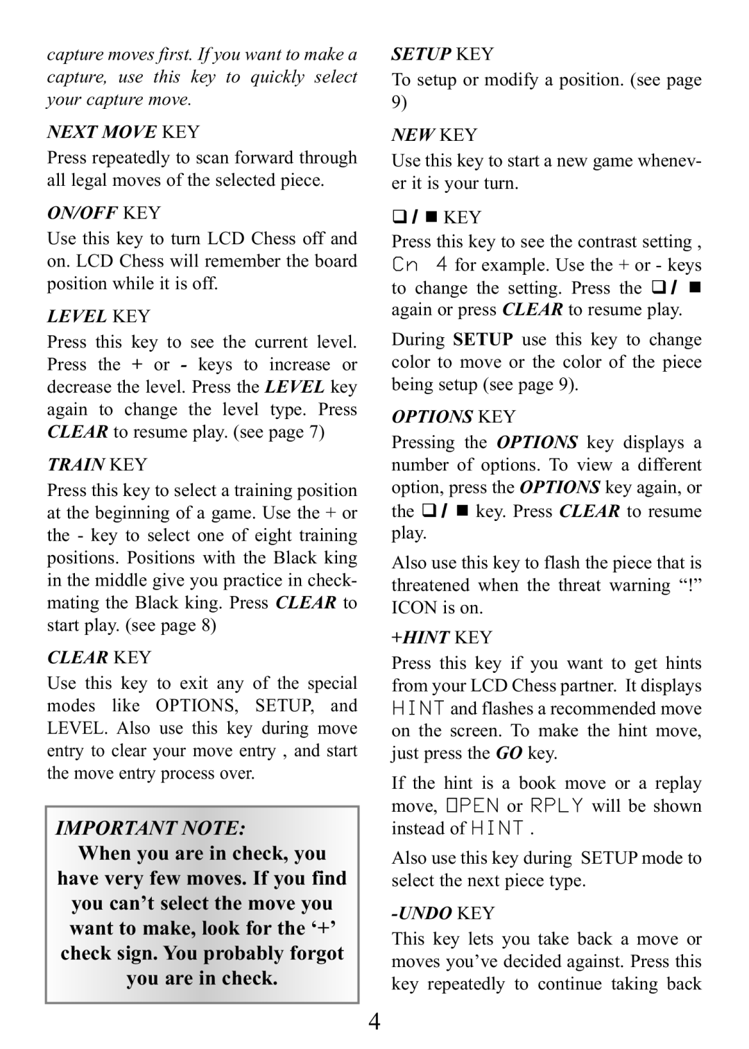 Excalibur electronic E123 Next Move KEY, On/Off Key, Level KEY, Train KEY, Clear KEY, Setup KEY, New Key, Options KEY 