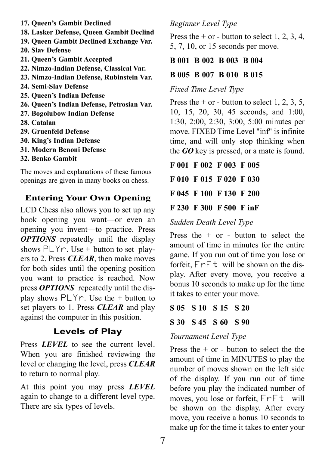 Excalibur electronic E123 manual Entering Your Own Opening, Levels of Play, 001 B 002 B 003 B 005 B 007 B 010 B 