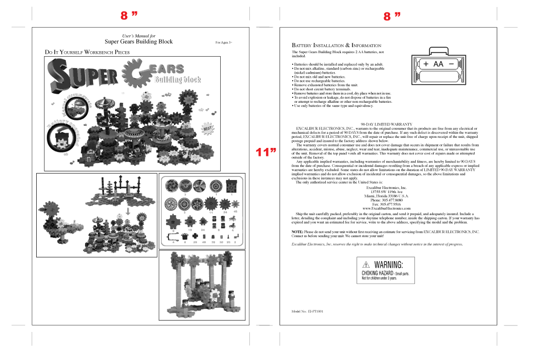 Excalibur electronic EI-PT1001 user manual Super Gears Building BlockFor Ages 3+, DAY Limited Warranty 