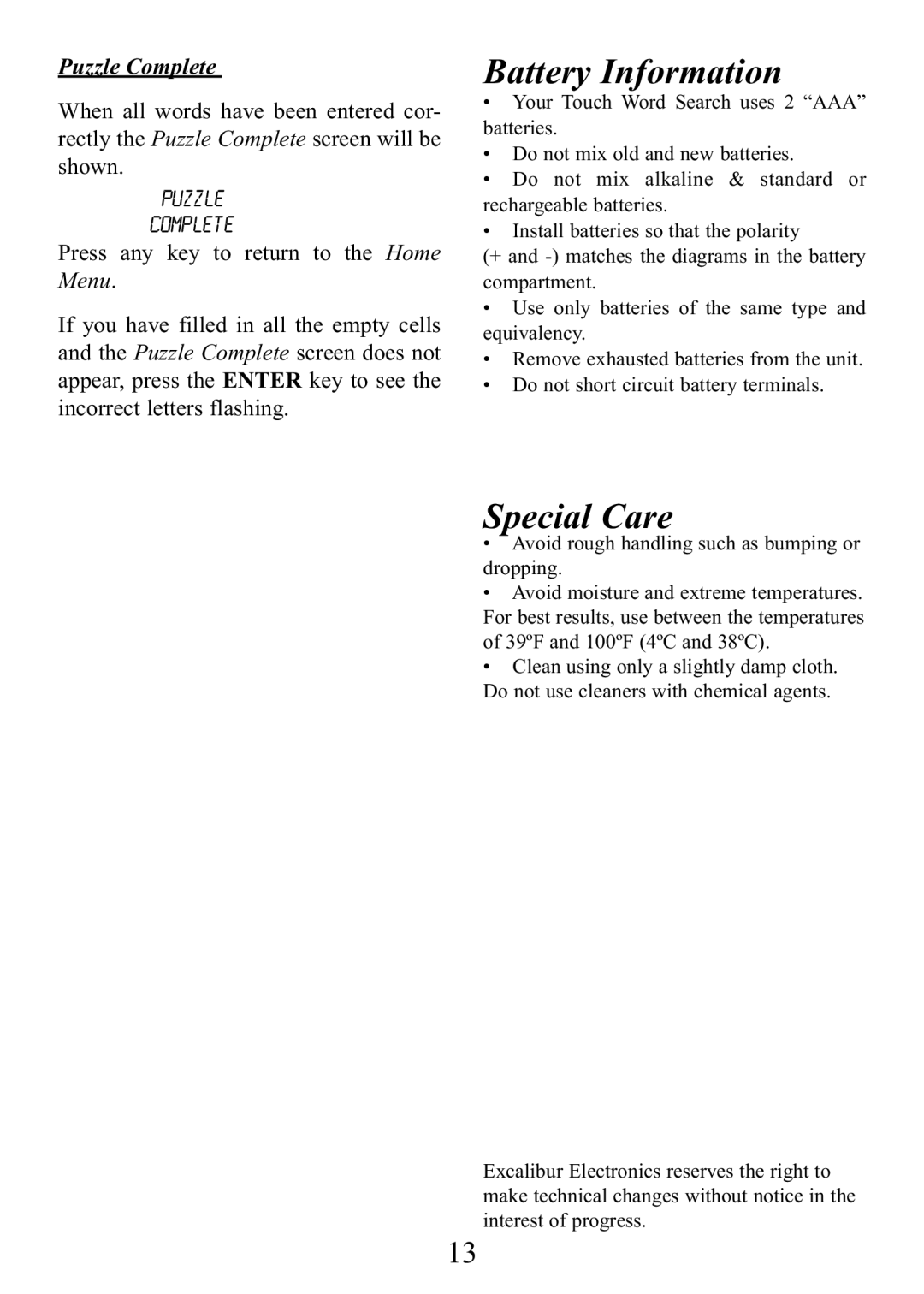 Excalibur electronic ET454 manual Battery Information, Puzzle Complete 