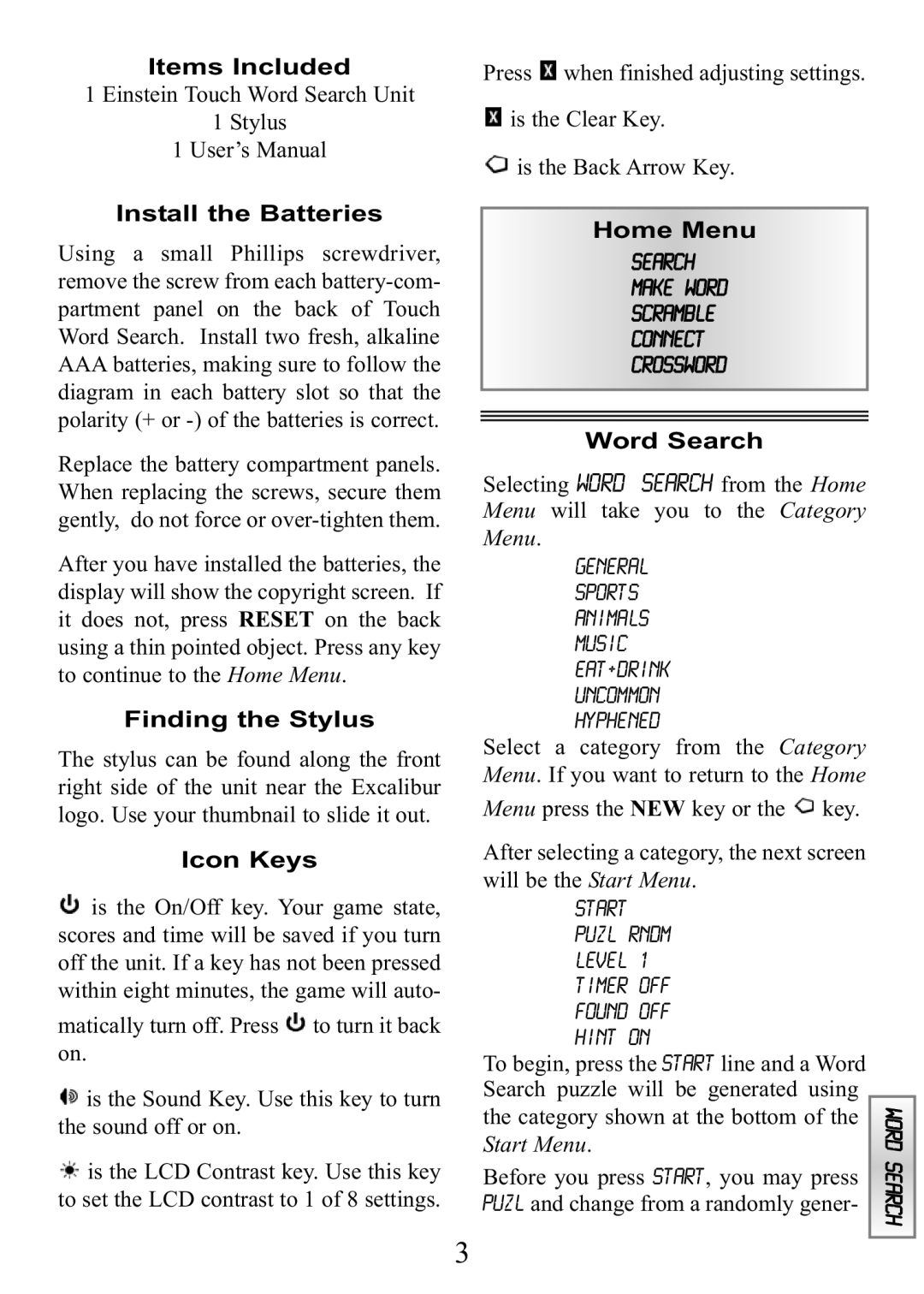 Excalibur electronic ET454 Items Included, Install the Batteries, Finding the Stylus, Icon Keys, Home Menu, Word Search 