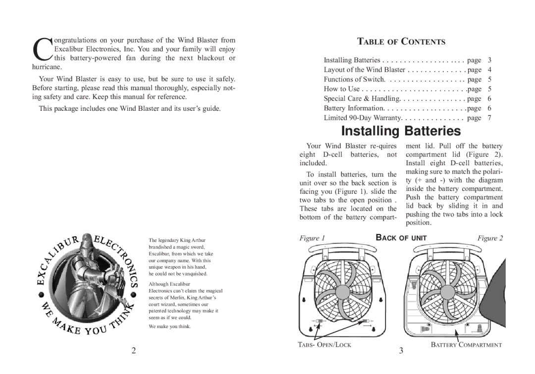 Excalibur electronic FN10-BB manual Installing Batteries, Table of Contents 