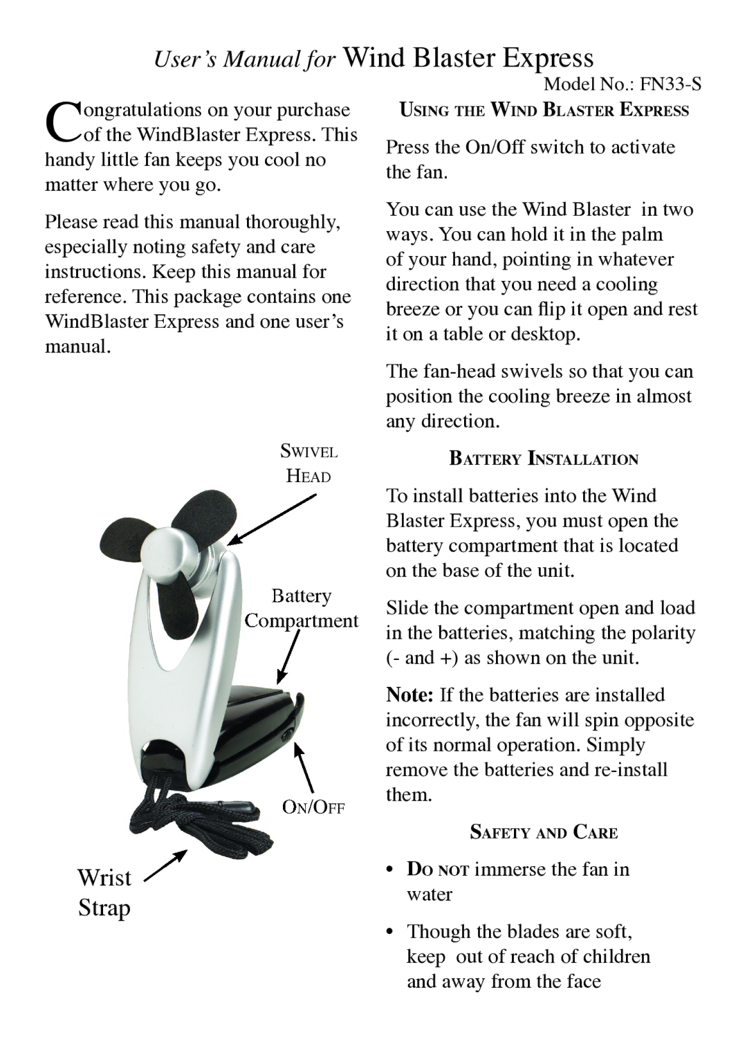 Excalibur electronic FN33-S manual Userʼs Manual for Wind Blaster Express, Wrist Strap 