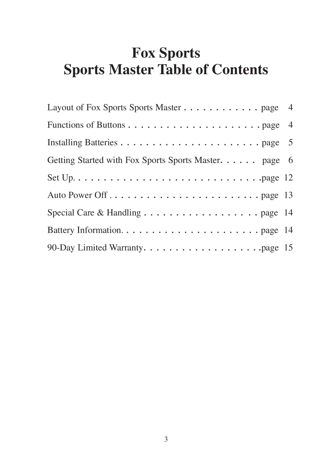 Excalibur electronic FX200 user manual Fox Sports Sports Master Table of Contents 