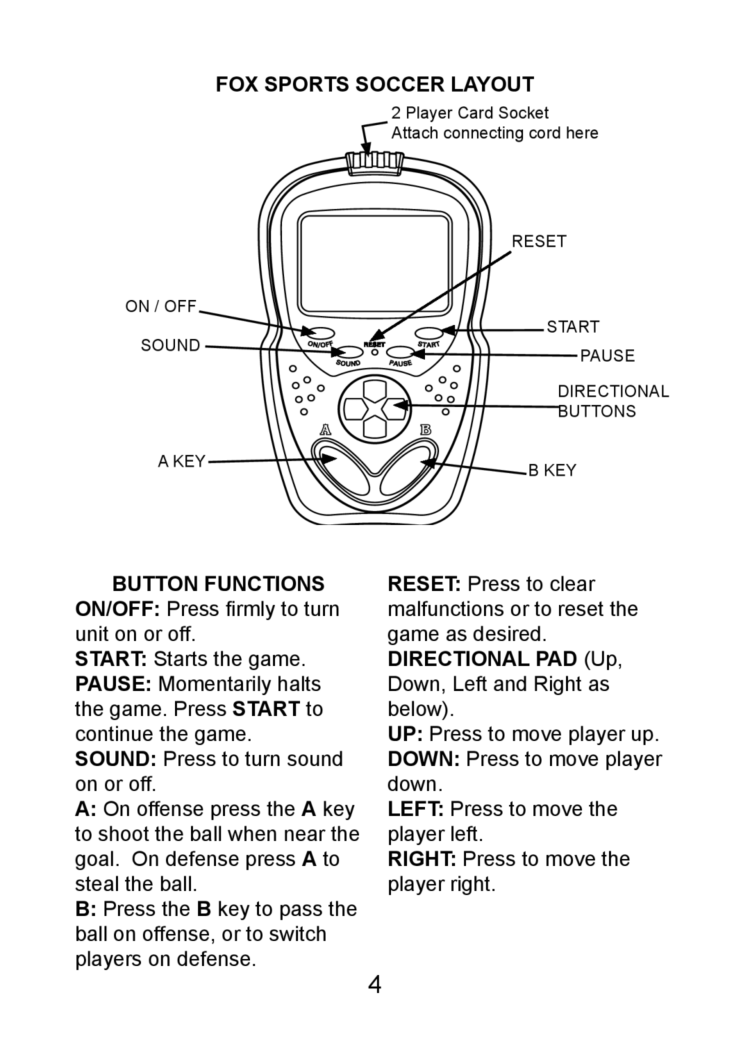 Excalibur electronic FX201 manual FOX Sports Soccer Layout, Button Functions ON/OFF Press ﬁ rmly to turn unit on or off 