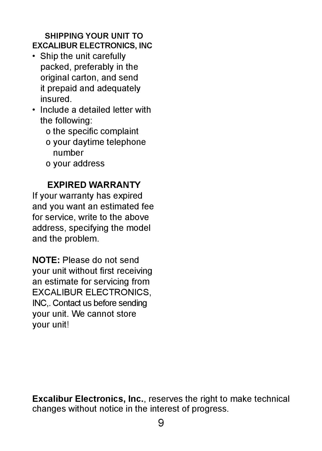 Excalibur electronic FX201 manual Shipping Your Unit to Excalibur ELECTRONICS, INC 