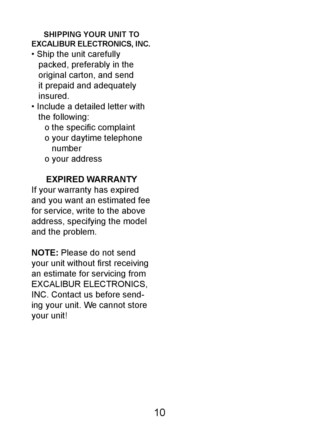 Excalibur electronic FX202 manual Shipping Your Unit to Excalibur ELECTRONICS, INC 