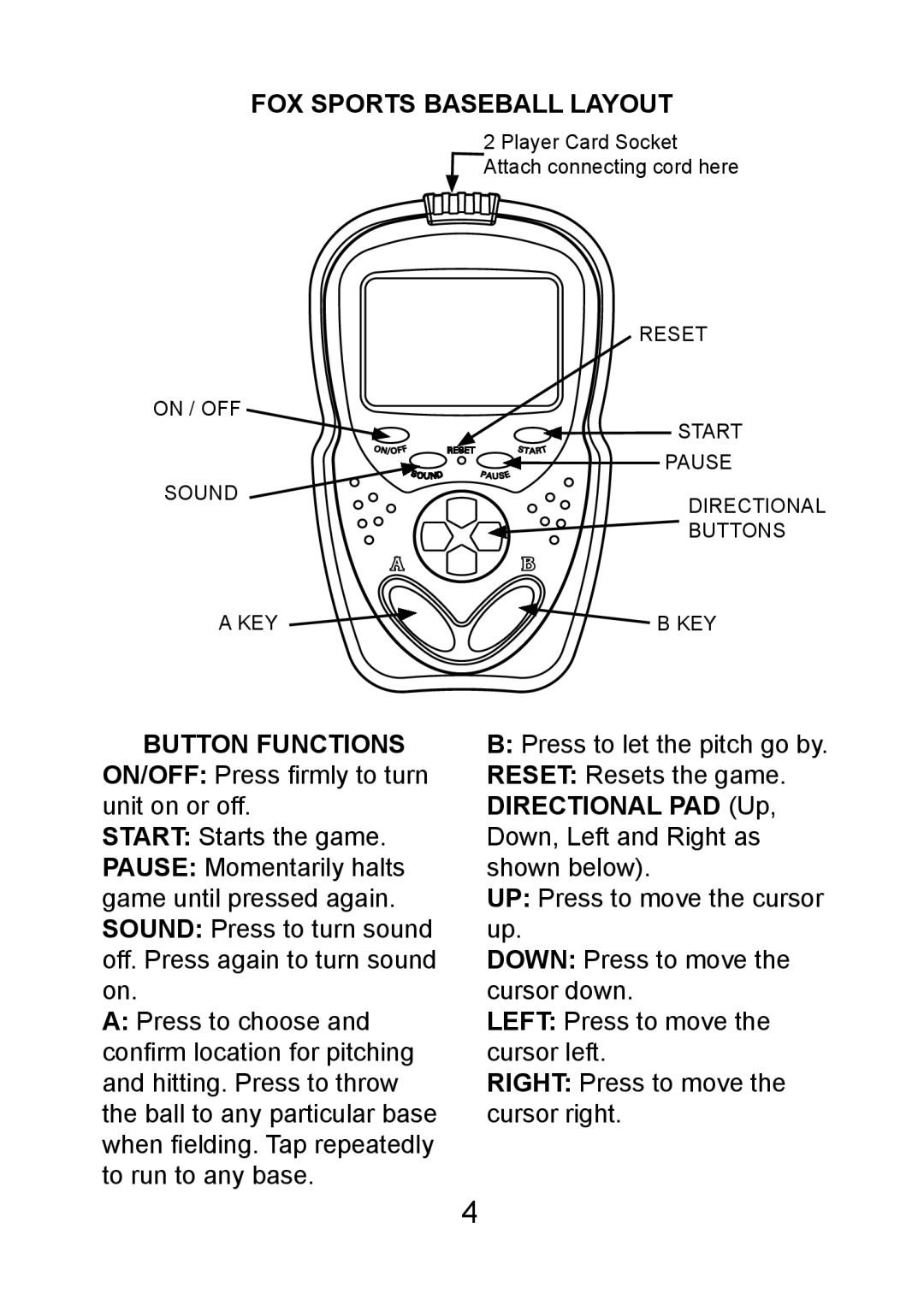 Excalibur electronic FX202 manual FOX Sports Baseball Layout, Button Functions ON/OFF Press ﬁ rmly to turn unit on or off 