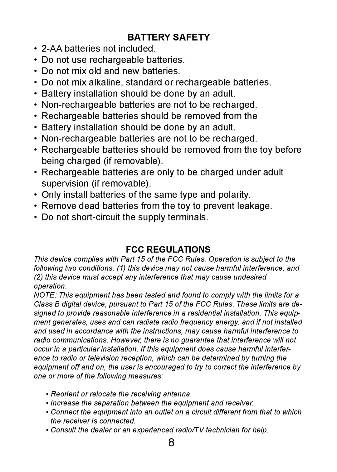 Excalibur electronic FX202 manual Battery Safety, FCC Regulations 