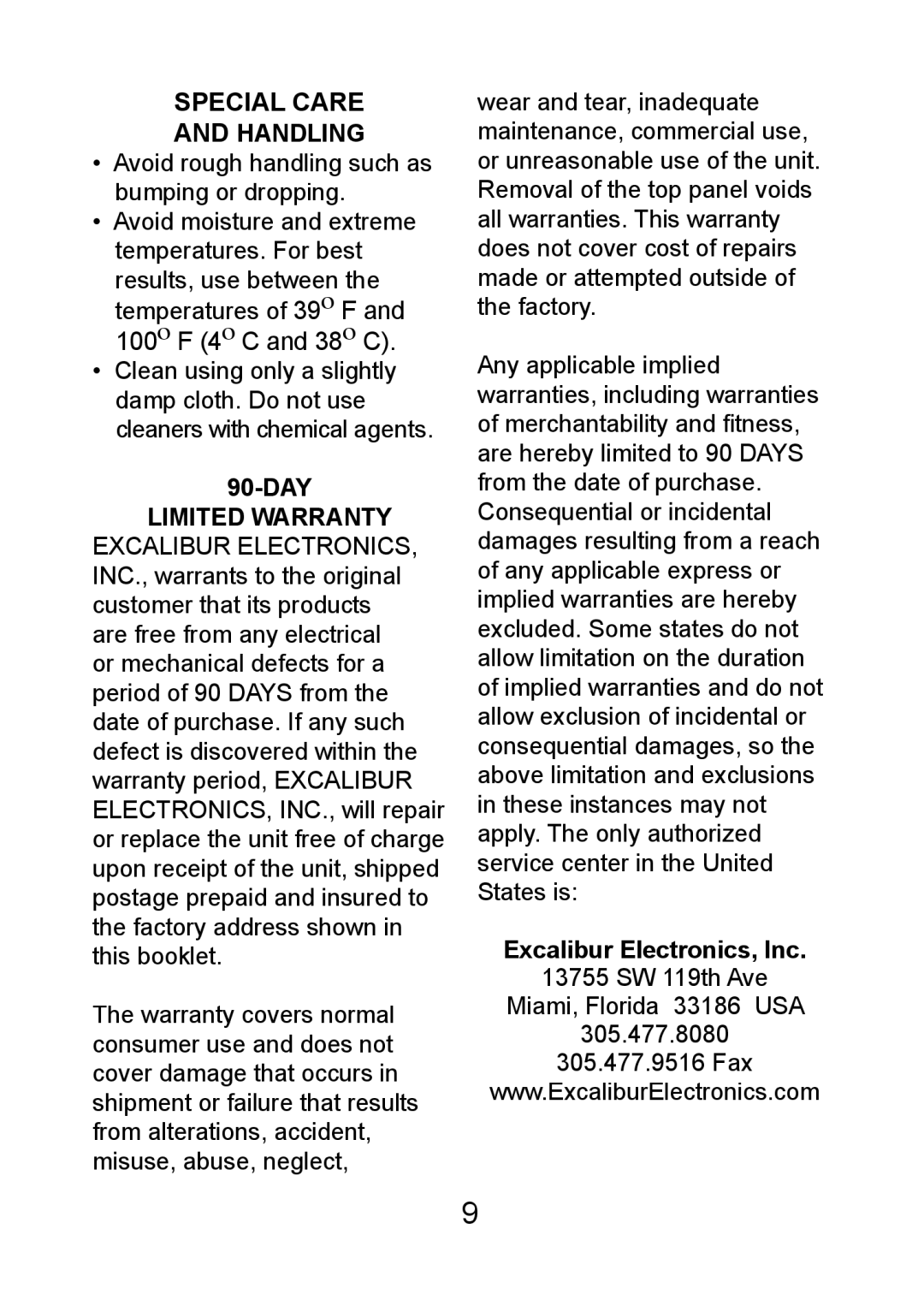 Excalibur electronic FX202 manual Special Care Handling, Excalibur Electronics, Inc 