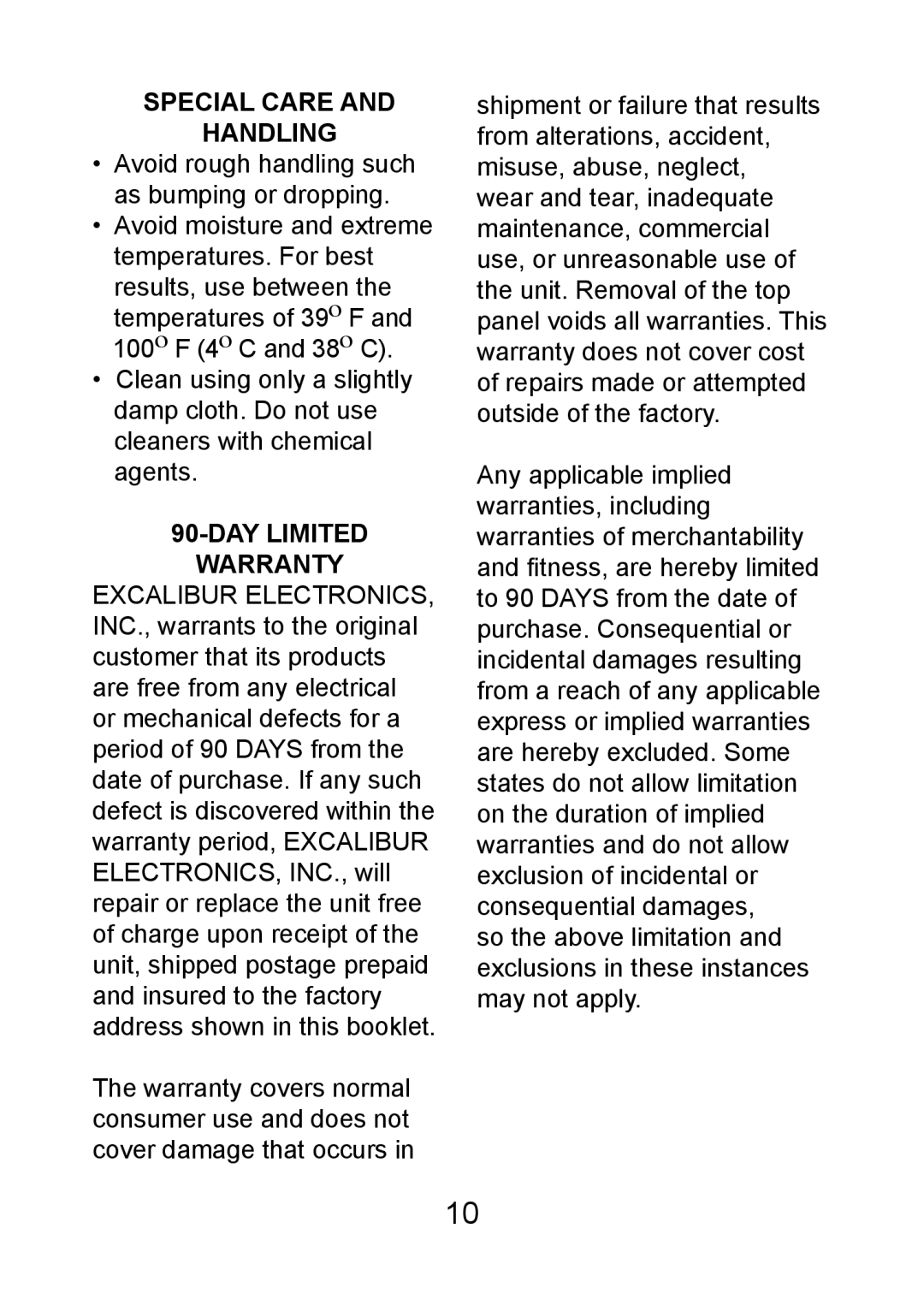 Excalibur electronic FX203 manual Special Care Handling, DAY Limited Warranty 