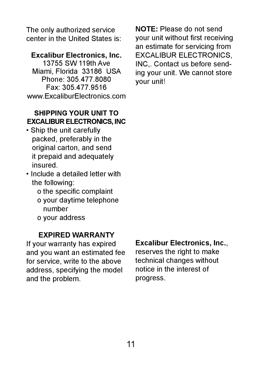 Excalibur electronic FX203 manual Shipping Your Unit to, Expired Warranty 