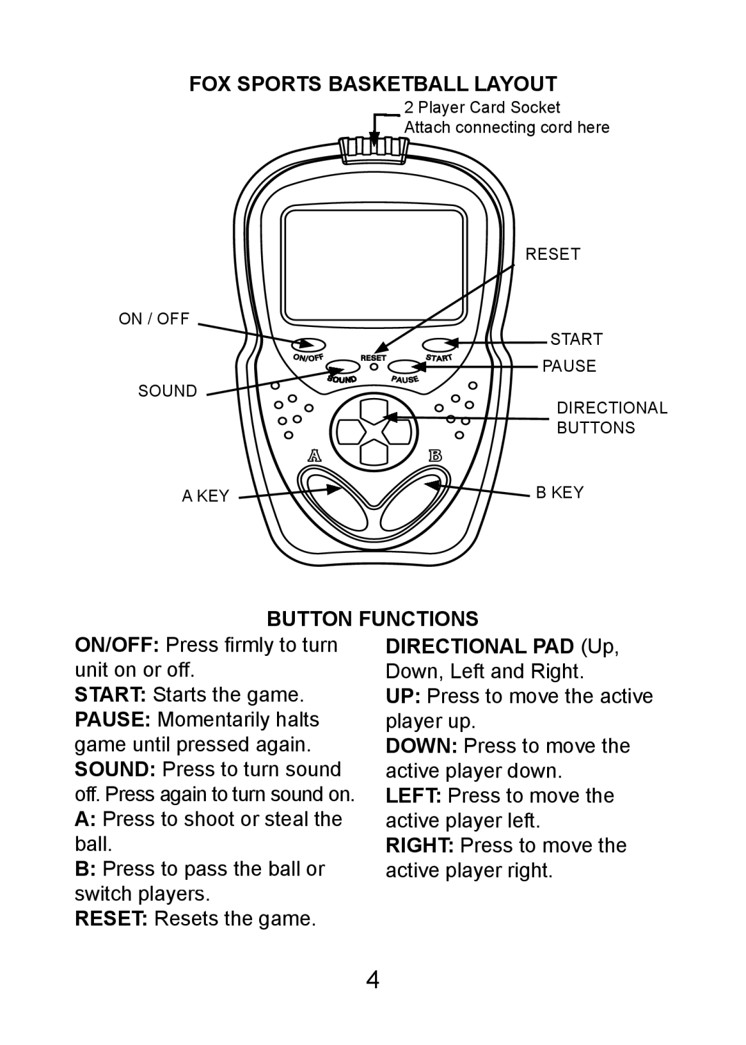 Excalibur electronic FX203 manual FOX Sports Basketball Layout, Button Functions 