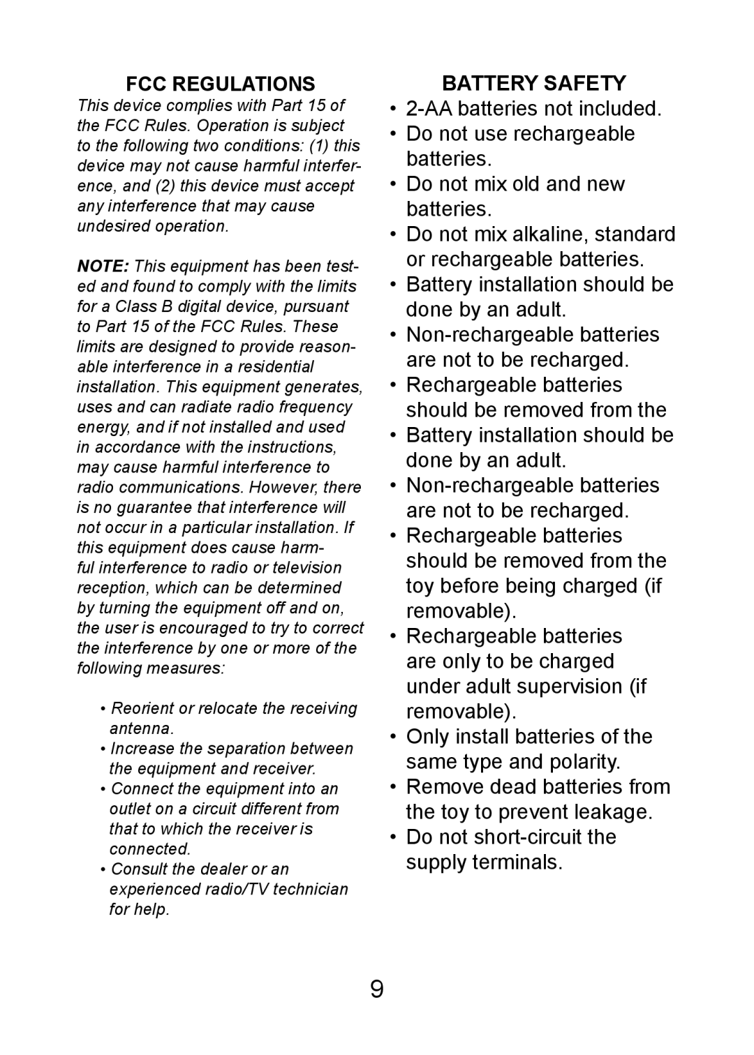 Excalibur electronic FX203 manual FCC Regulations, Battery Safety 