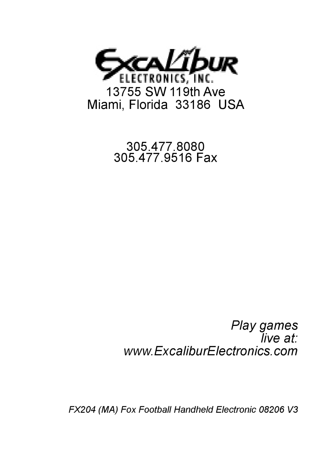 Excalibur electronic manual FX204 MA Fox Football Handheld Electronic 08206 