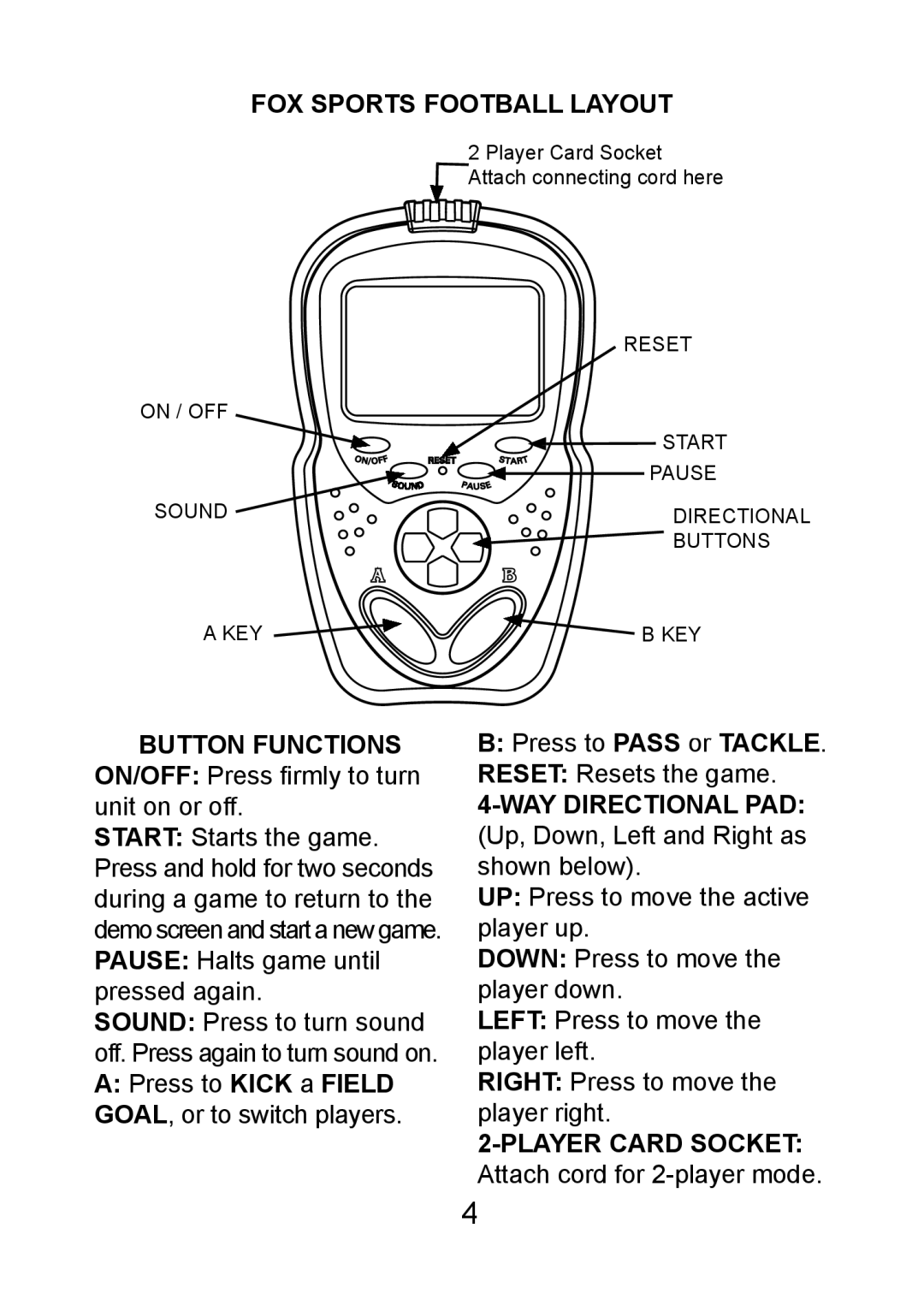 Excalibur electronic FX204 manual FOX Sports Football Layout, Button Functions ON/OFF Press ﬁ rmly to turn unit on or off 