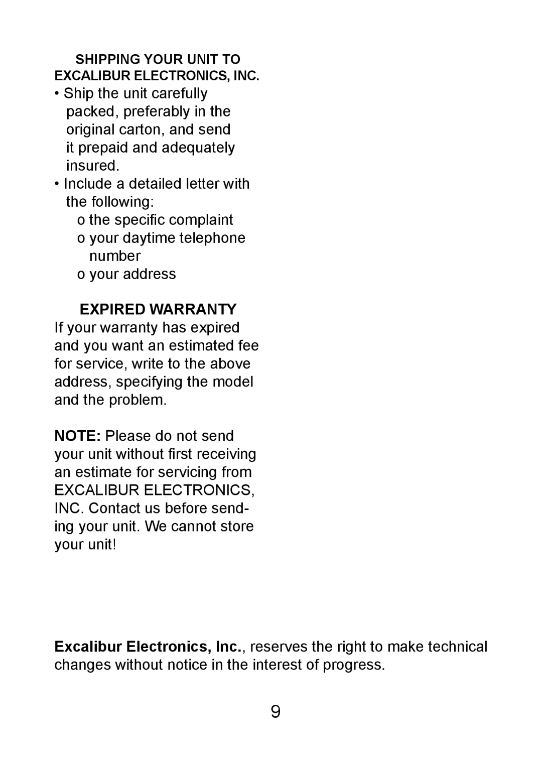 Excalibur electronic FX204 manual Shipping Your Unit to Excalibur ELECTRONICS, INC 