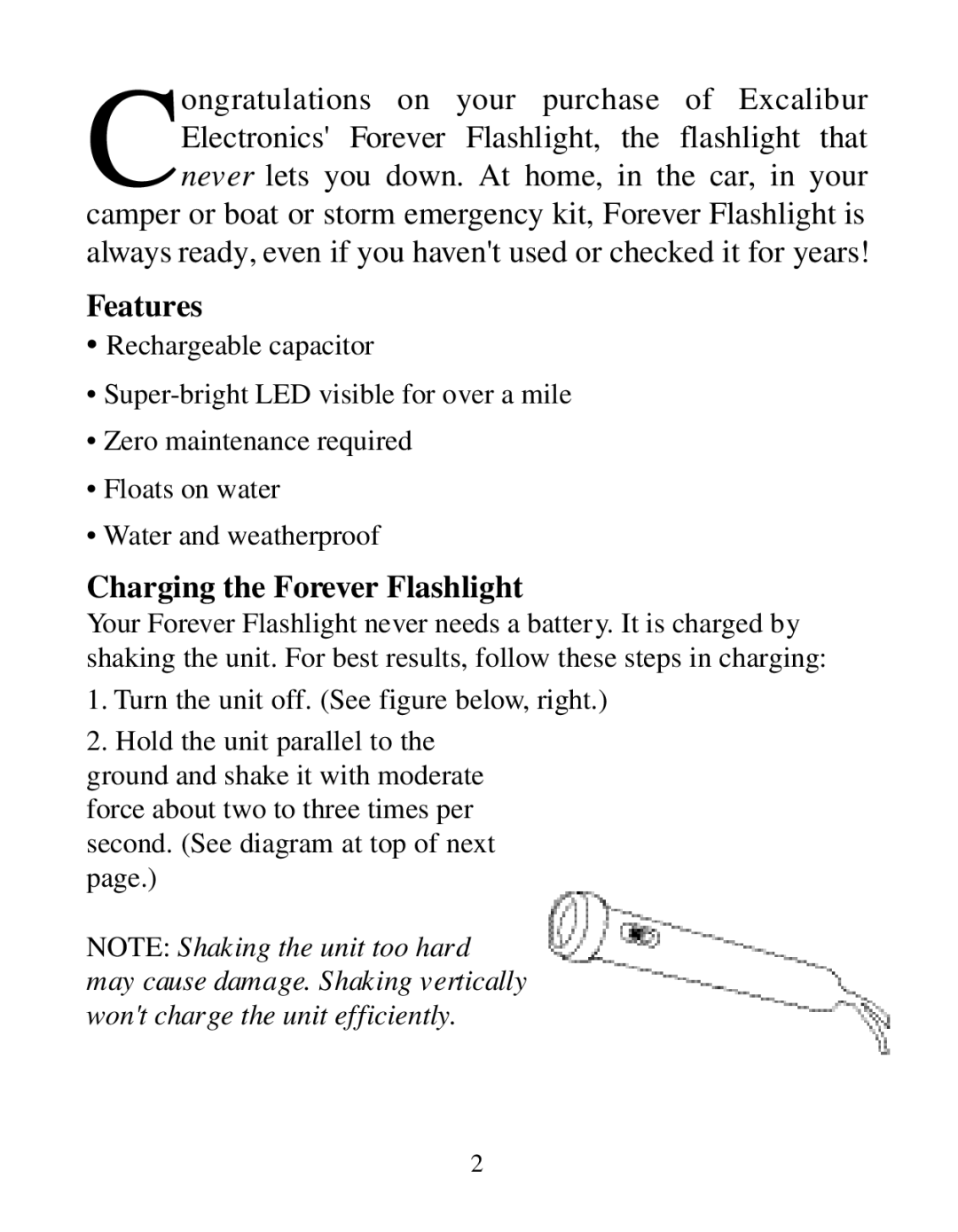 Excalibur electronic H422G, H422Y, H422B manual Features, Charging the Forever Flashlight 