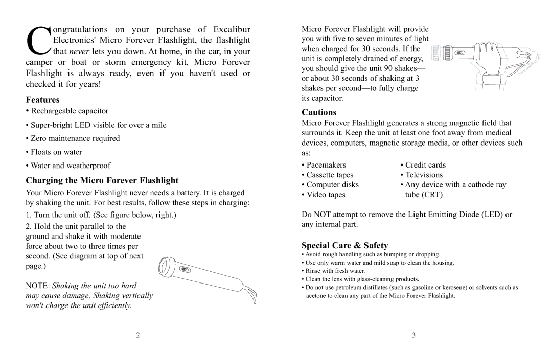 Excalibur electronic H423G, H423B, H423Y manual Charging the Micro Forever Flashlight, Special Care & Safety 