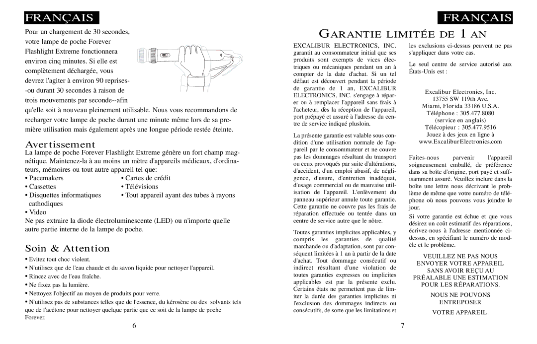 Excalibur electronic H522 manual Avertissement, Soin & Attention 