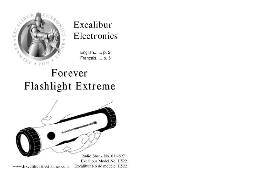 Excalibur electronic H522 manual Forever Flashlight Extreme, Excalibur Electronics, English....... p. Français..... p 