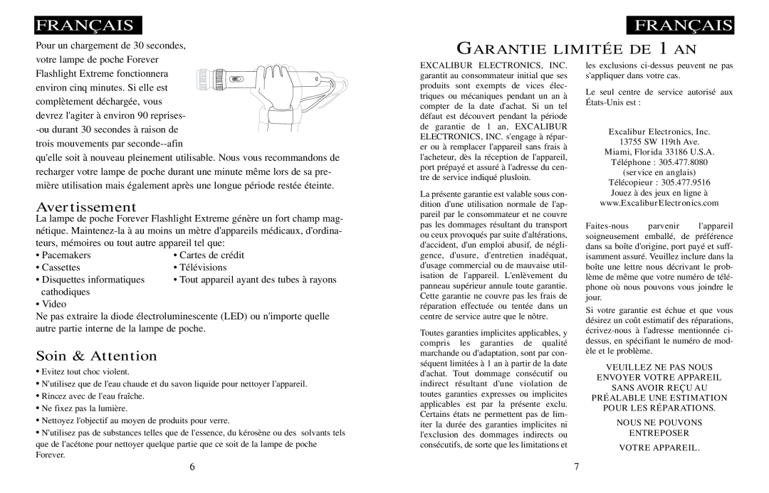 Excalibur electronic H522 manual Avertissement, Soin & Attention, Garantie Limitée, DE 1 AN 