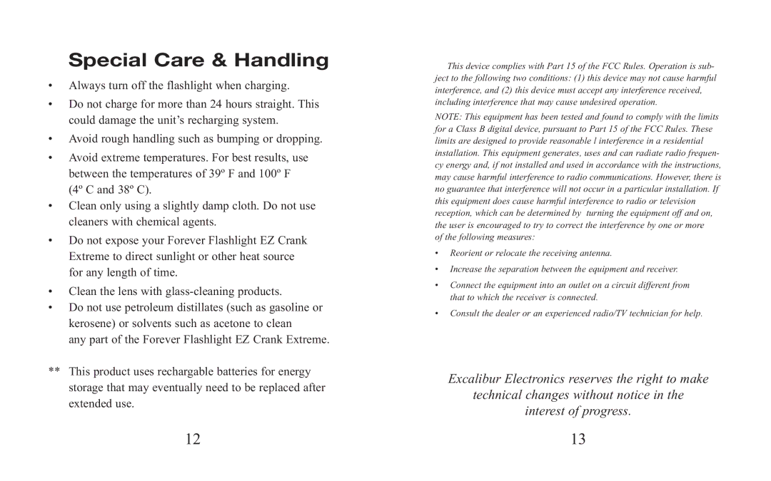 Excalibur electronic H623 manual Special Care & Handling 