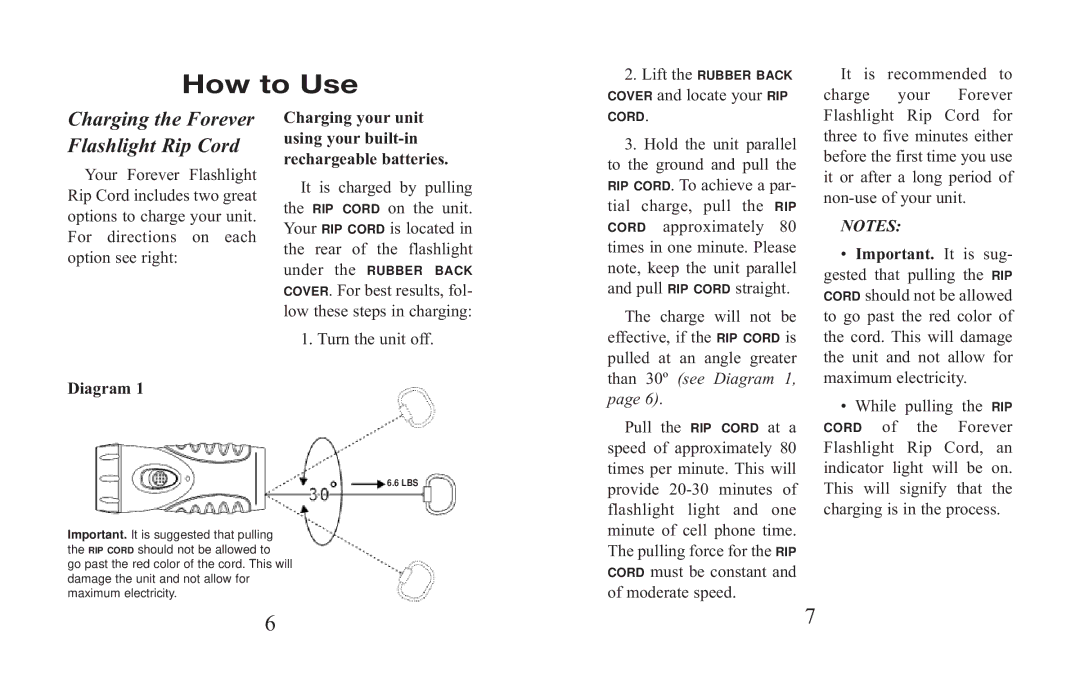 Excalibur electronic H630S, H630BK manual Charging the Forever, Flashlight Rip Cord 