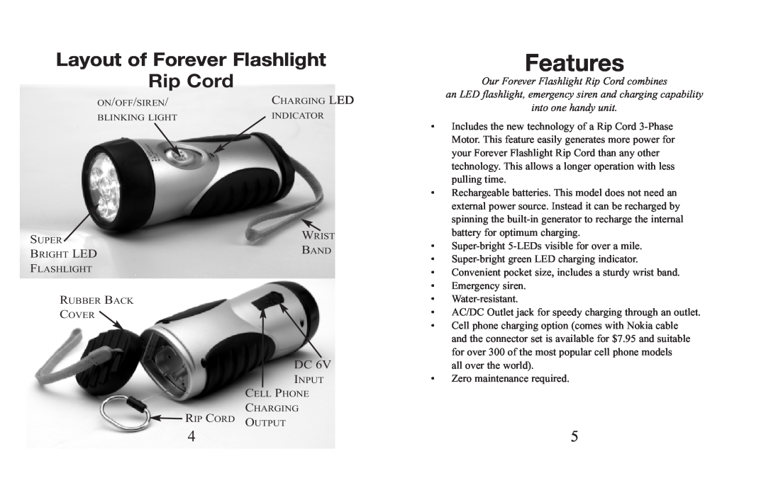 Excalibur electronic H630BK, H630S manual Layout of Forever Flashlight, Rip Cord, Features 