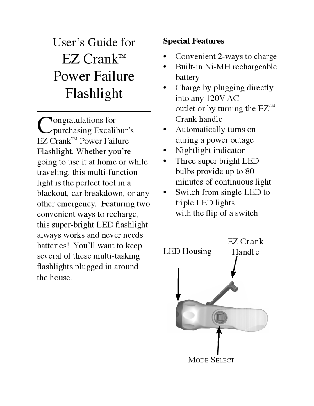 Excalibur electronic H631 manual EZ CrankTM Power Failure Flashlight, Special Features 