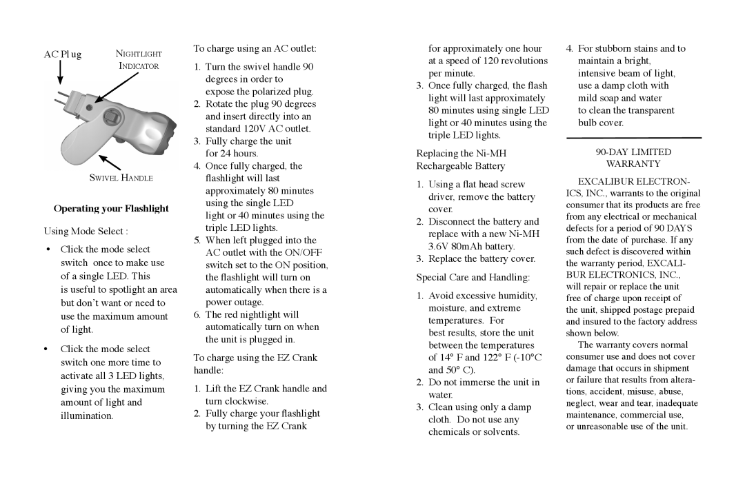 Excalibur electronic H631 manual Operating your Flashlight, DAY Limited Warranty 