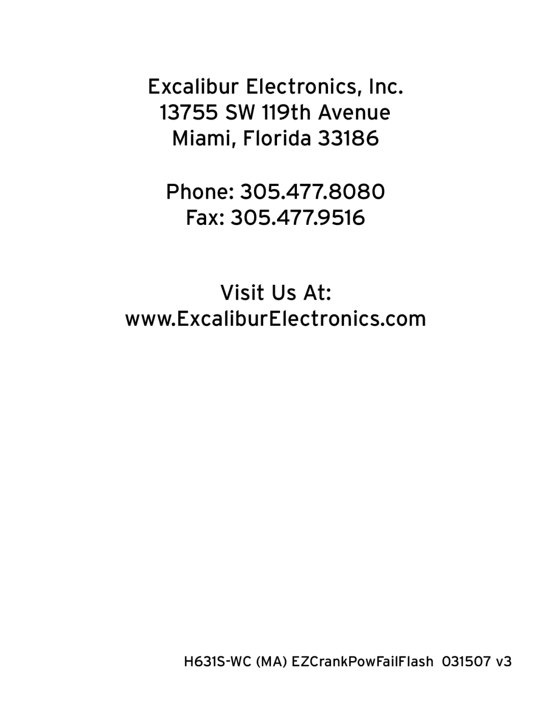 Excalibur electronic H632S-WC manual H631S-WC MA EZCrankPowFailFlash 031507 