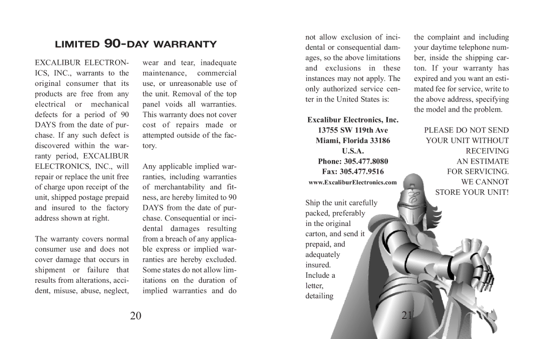 Excalibur electronic H691 manual Limited 90-DAY Warranty 