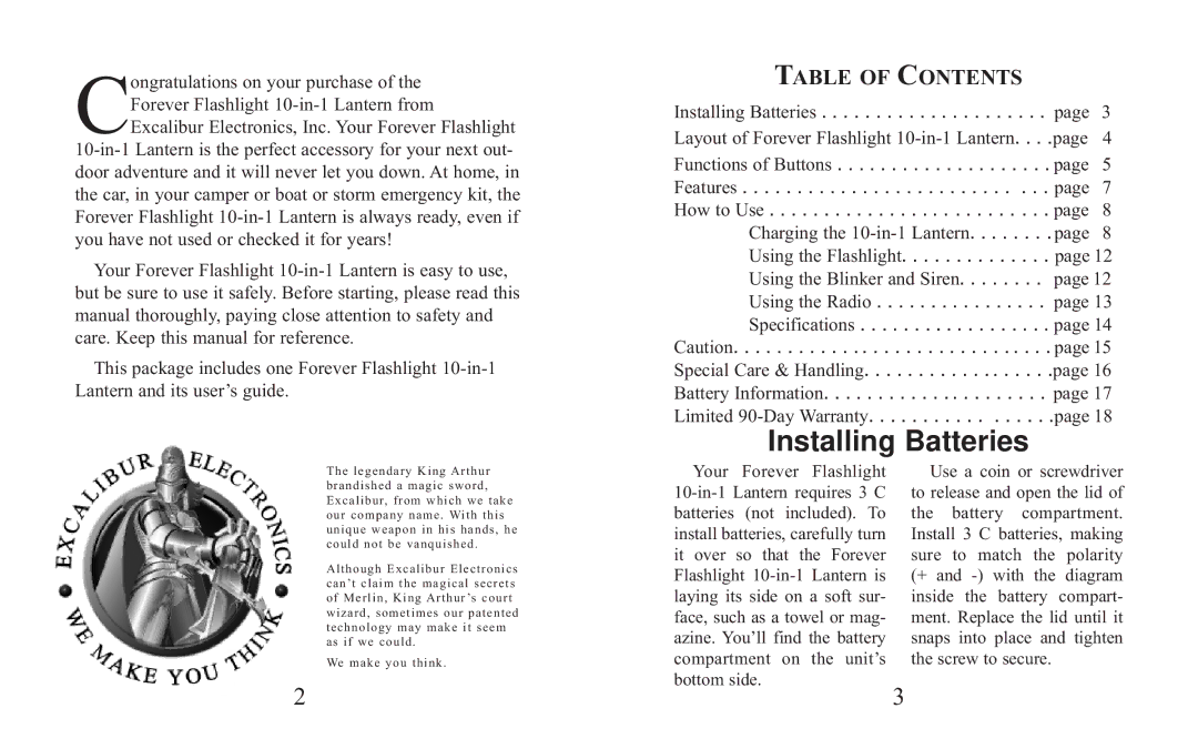 Excalibur electronic H691 manual Installing Batteries 