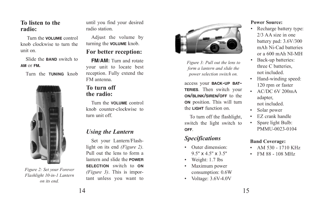 Excalibur electronic H691 manual Using the Lantern, Specifications, Power Source, Band Coverage 