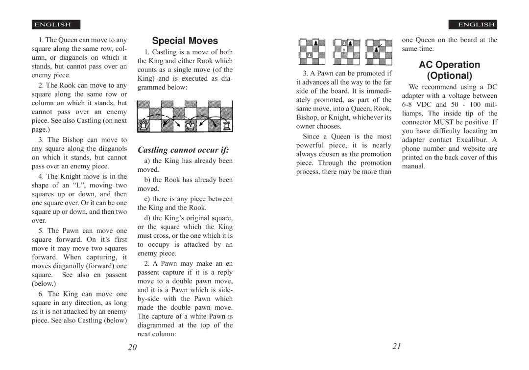 Excalibur electronic Ivan II Special Moves, AC Operation Optional, Castling cannot occur if a the King has already been 