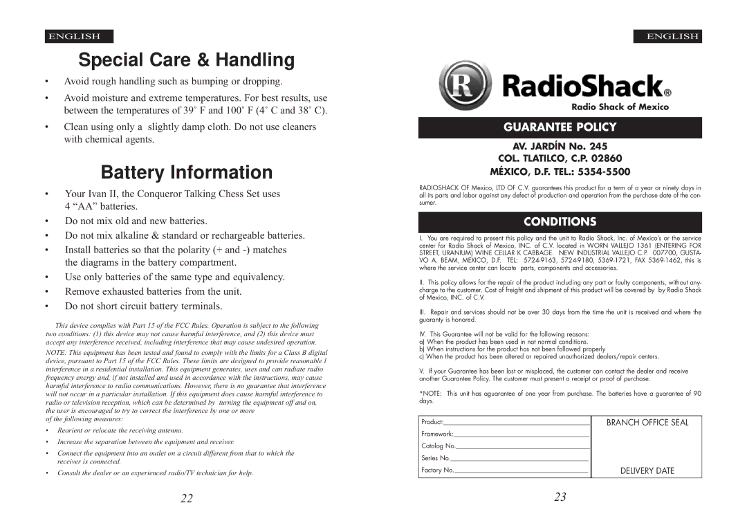 Excalibur electronic Ivan II manual Special Care & Handling, Battery Information 