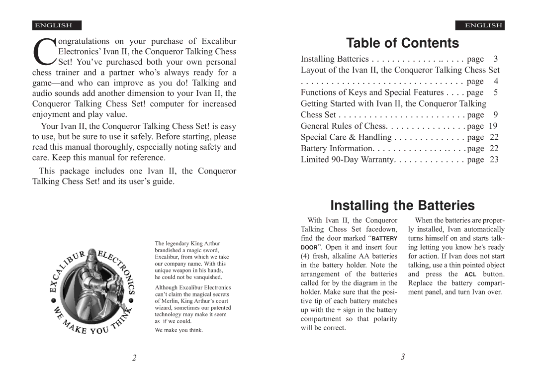 Excalibur electronic Ivan II manual Table of Contents, Installing the Batteries 