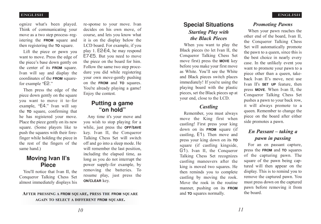 Excalibur electronic manual Moving Ivan II’s Piece, Putting a game On hold, Special Situations, Black Pieces 