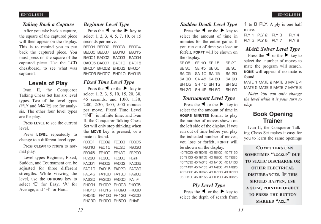 Excalibur electronic Ivan II manual Levels of Play, Book Opening Trainer 