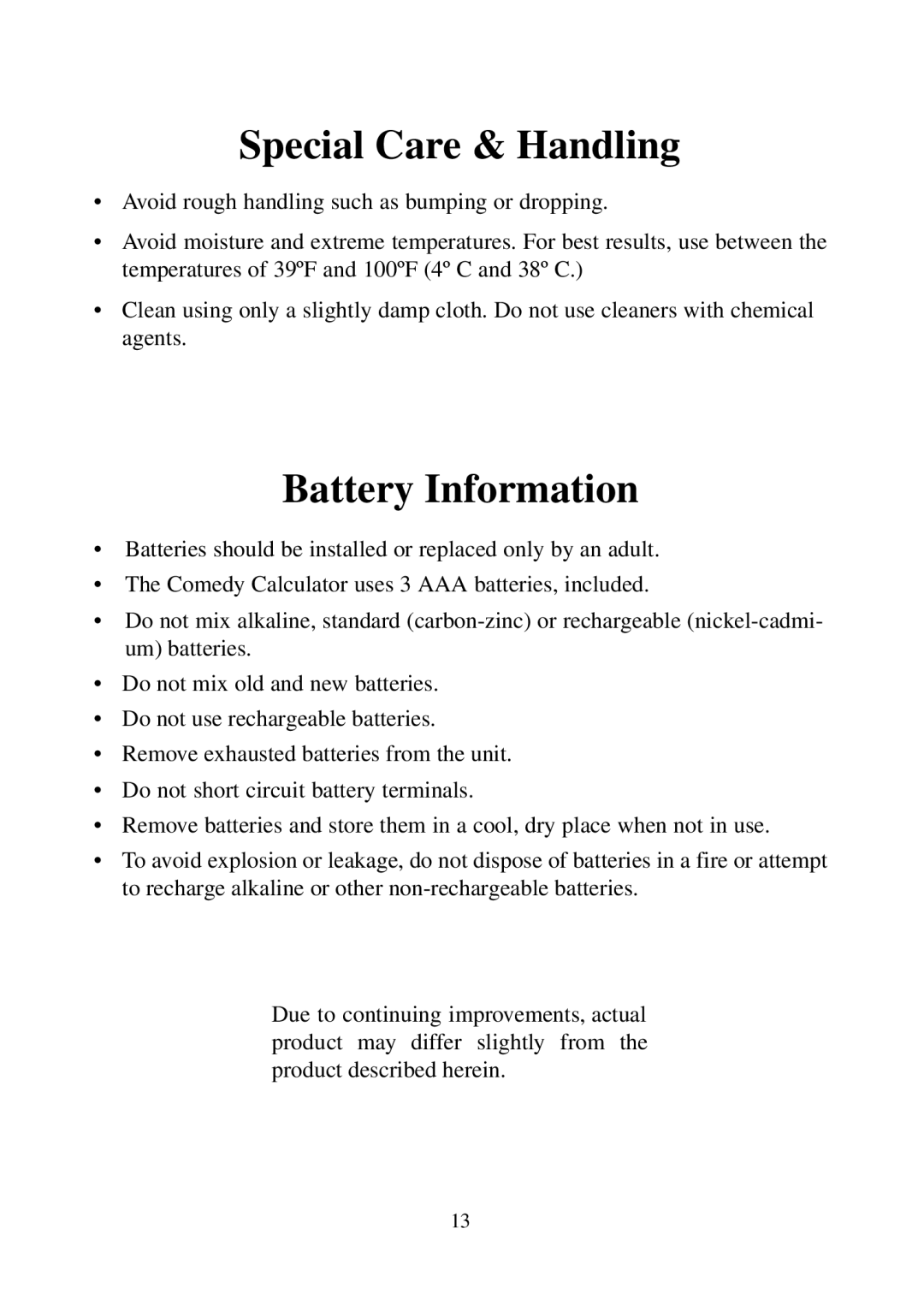 Excalibur electronic JK01 manual Special Care & Handling, Battery Information 