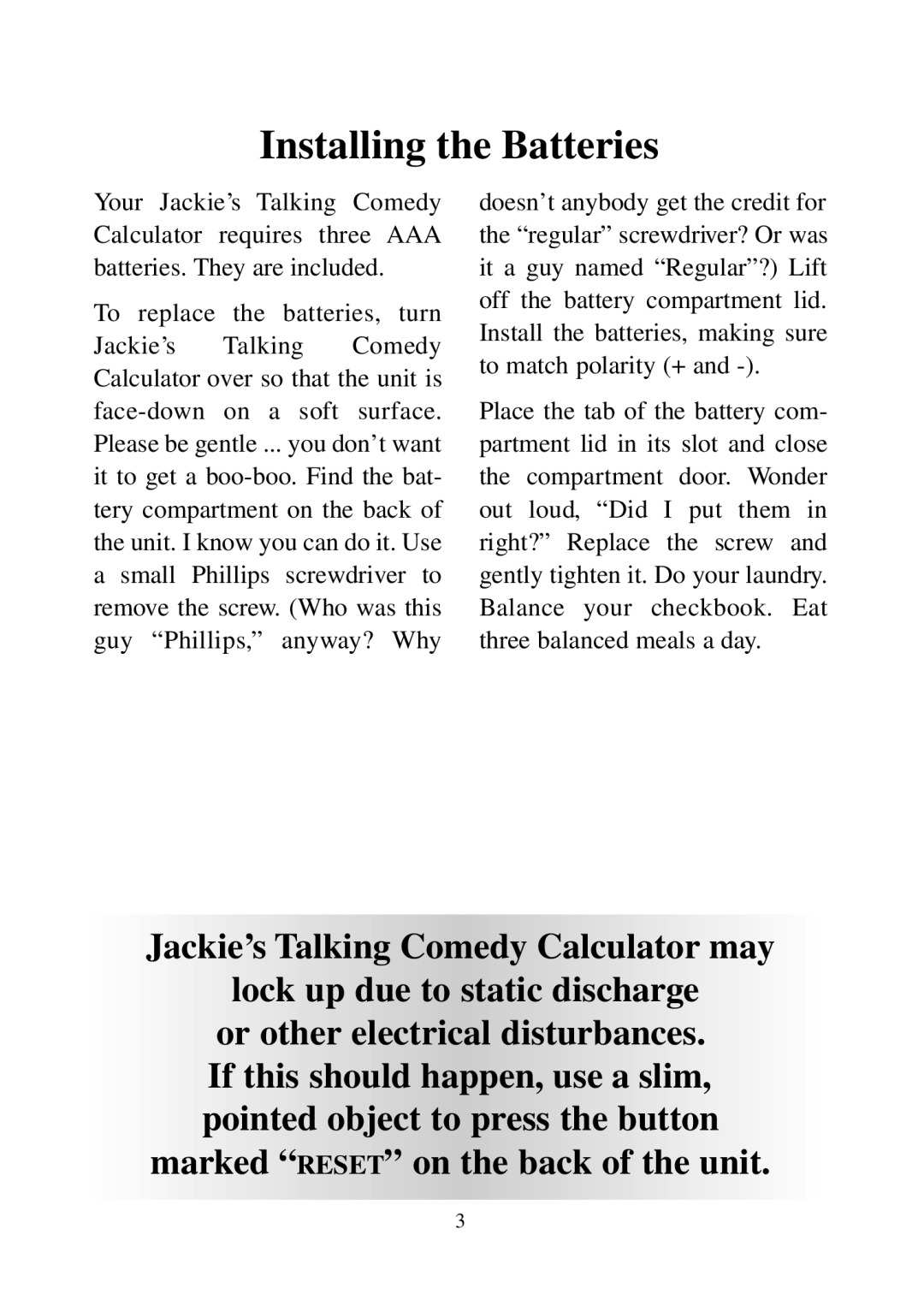 Excalibur electronic JK01 manual Installing the Batteries, Jackie’s Talking Comedy Calculator may 