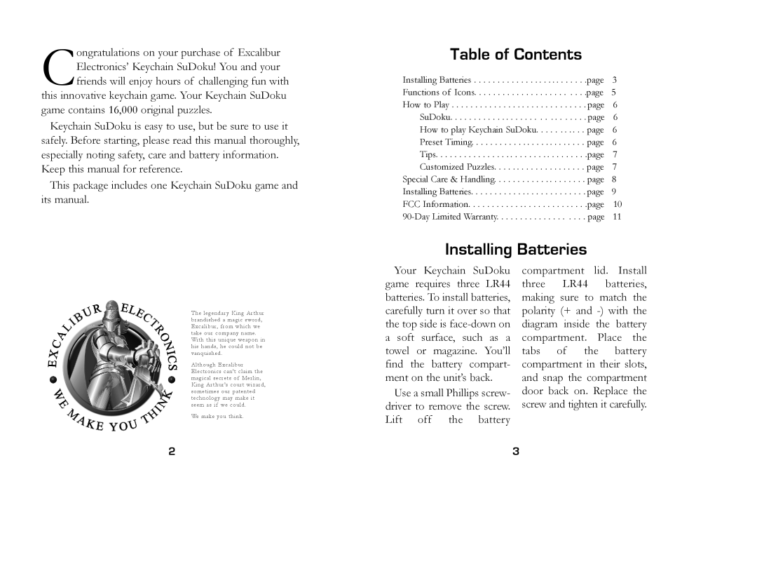 Excalibur electronic K452-CS manual Installing Batteries, Table of Contents 