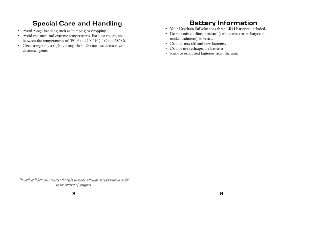 Excalibur electronic K452-CS manual Special Care and Handling 