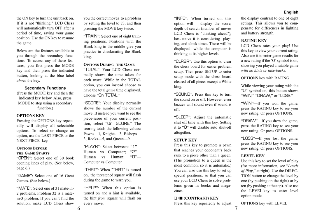 Excalibur electronic LCD CHESS manual Options During the Game, Secondary Functions, Options Before, Game Starts 