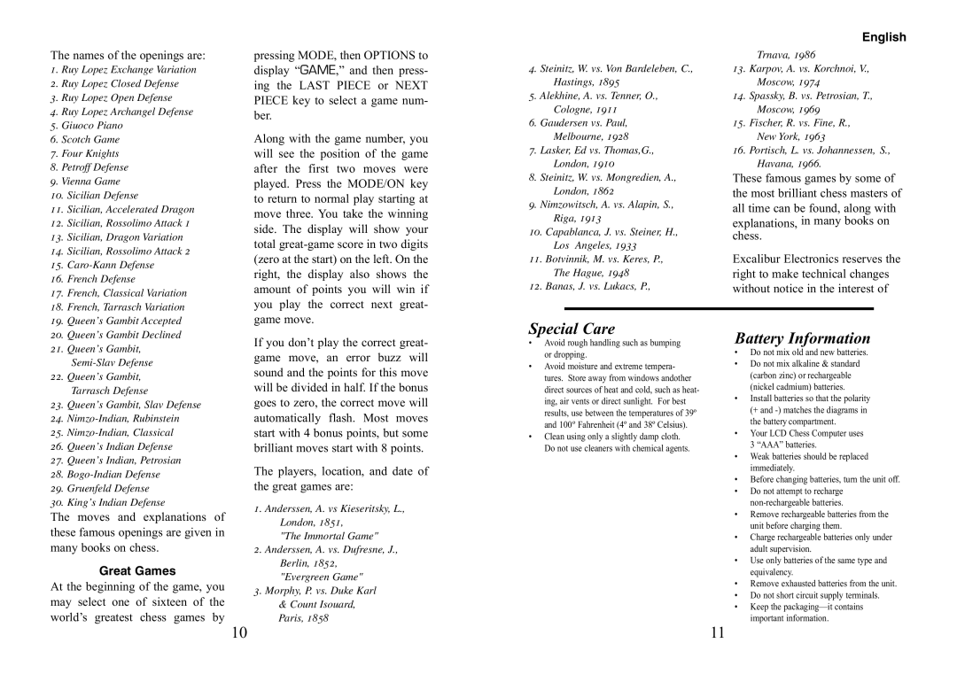 Excalibur electronic LCD CHESS manual Special Care, Battery Information 