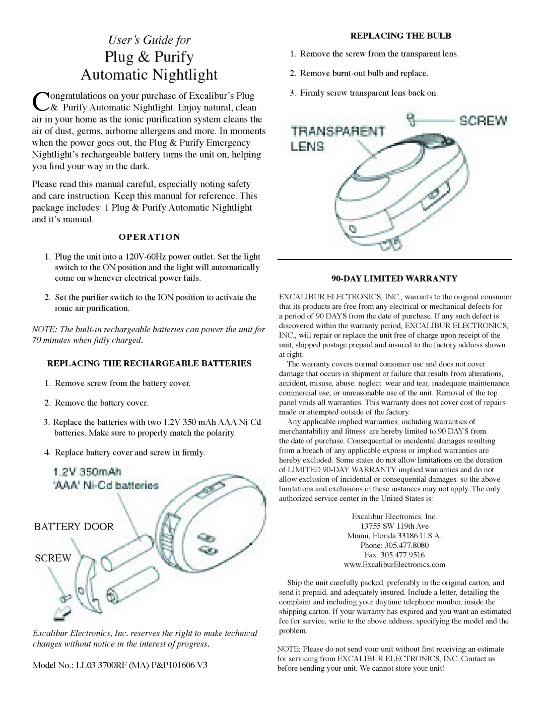 Excalibur electronic LL03 warranty Plug & Purify Automatic Nightlight, Battery Door Screw 